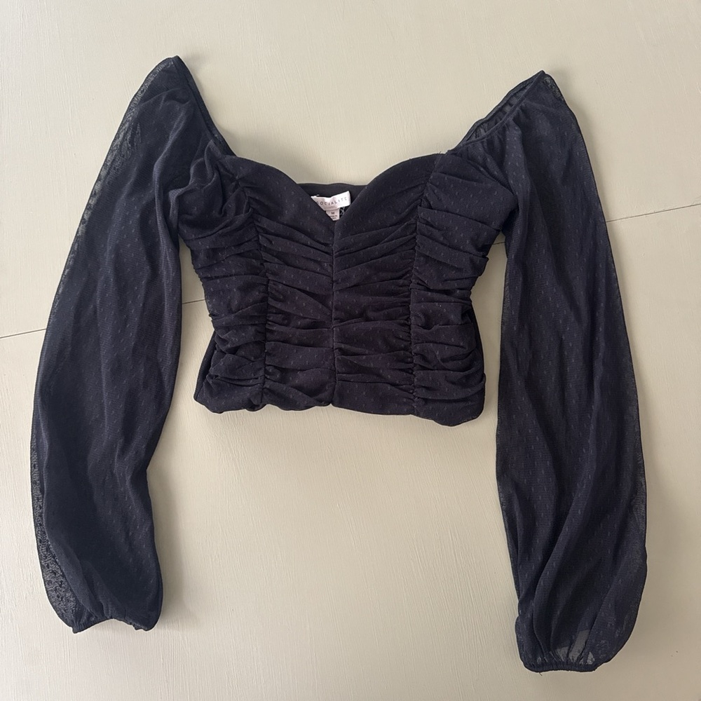 Ruched Long Sleeve Black Crop Top